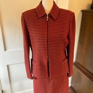 St. John suit.  Size 8, burnt orange and brown with a gold fleck throughout.